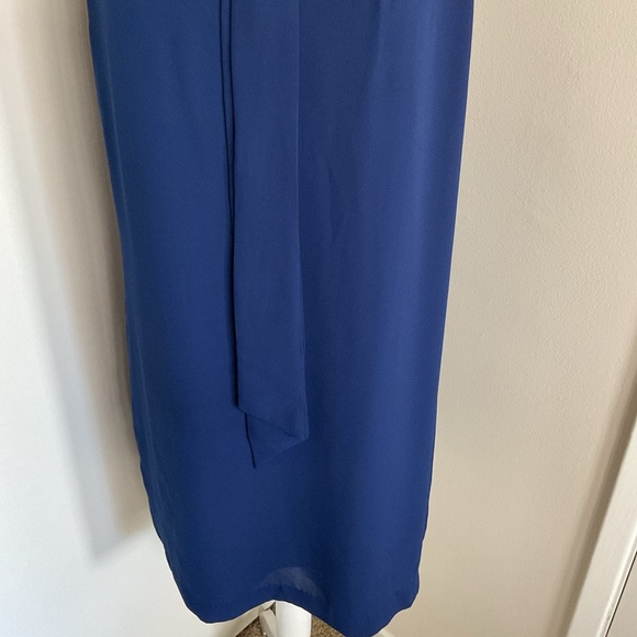 H&M Navy Blue Midi Dress 12 L Tied Bow Neck Short Sleeve Office Career Career - Picture 5 of 7